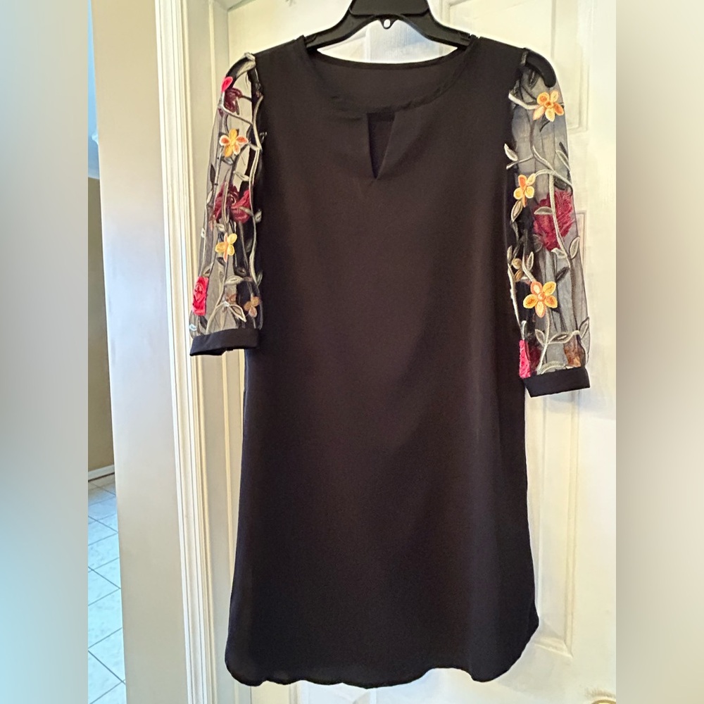 Elegant Black Dress with Floral Embroidered Sleeves